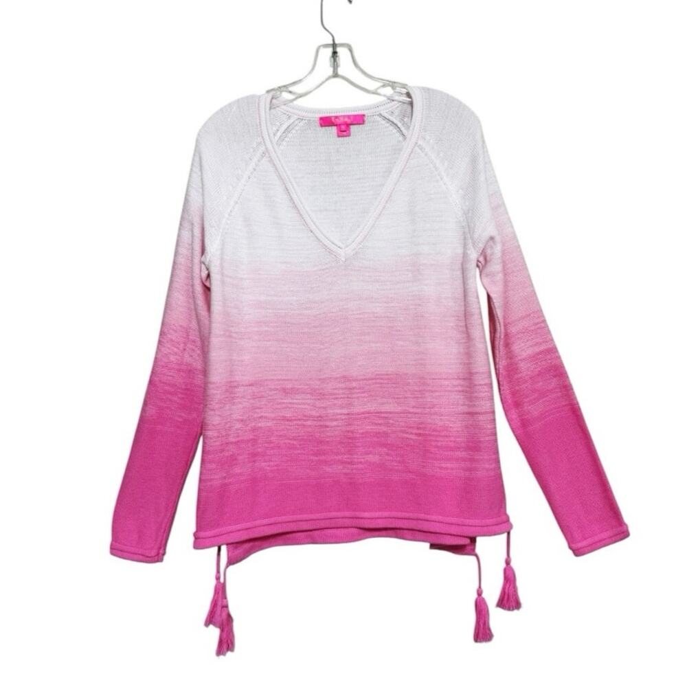 Lilly Pulitzer Jody V-Neck Pullover Sweater  Havana Pink Ombré Tassels M